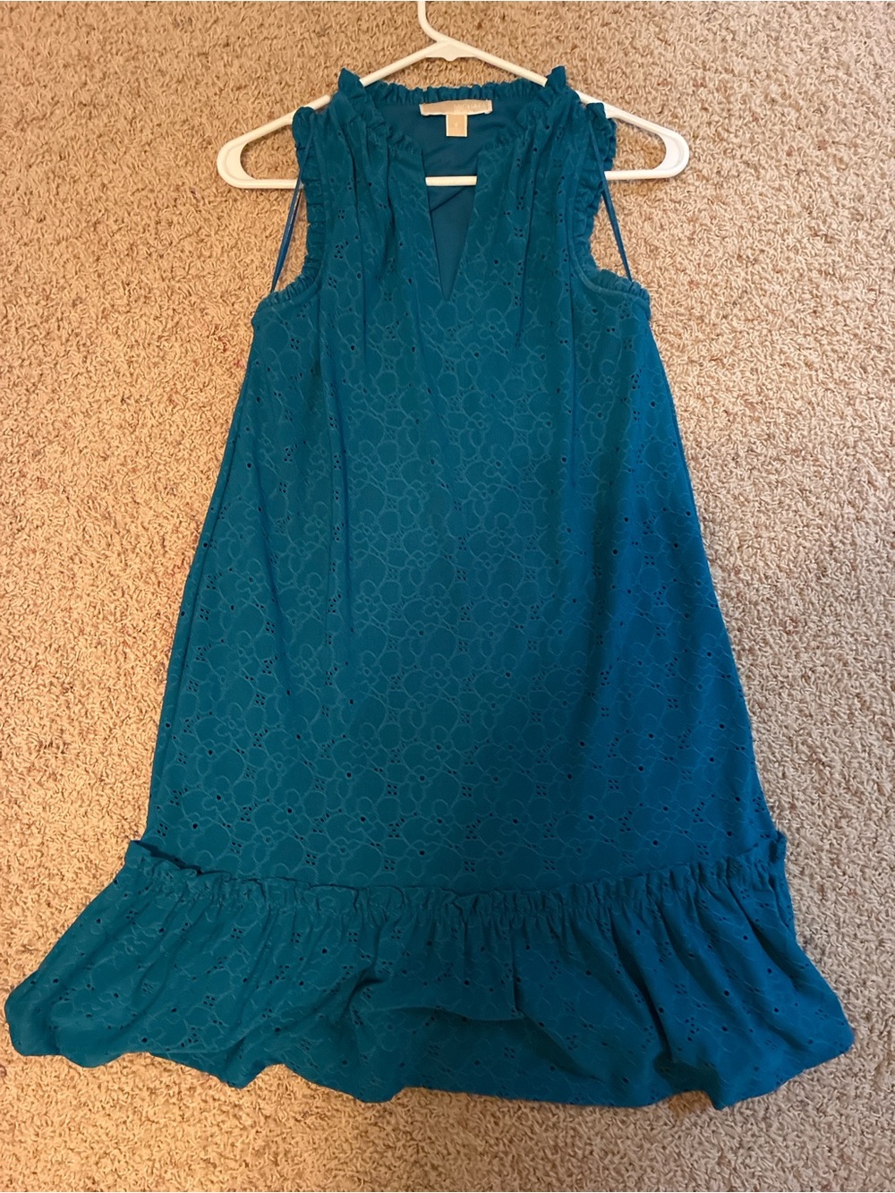 Michael Kors Teal Eyelet Ruffle Hem Dress